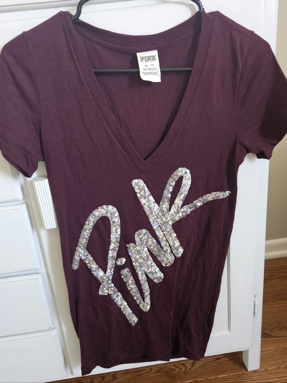 PINK Victoria's Secret Burgundy V-Neck Tee with Iridescent Glitter Logo
